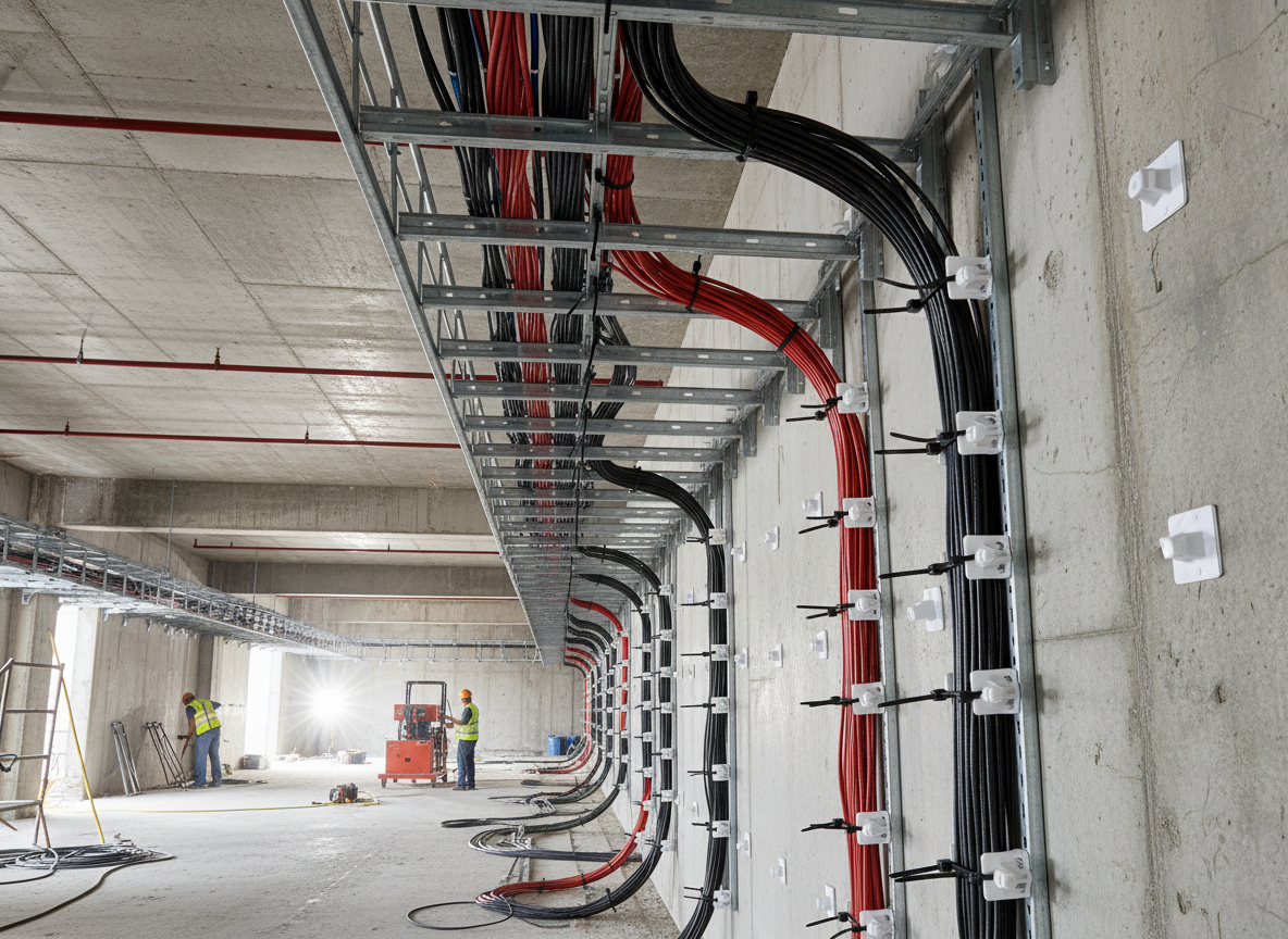 Tie mounts anchoring cable runs on infrastructure structures