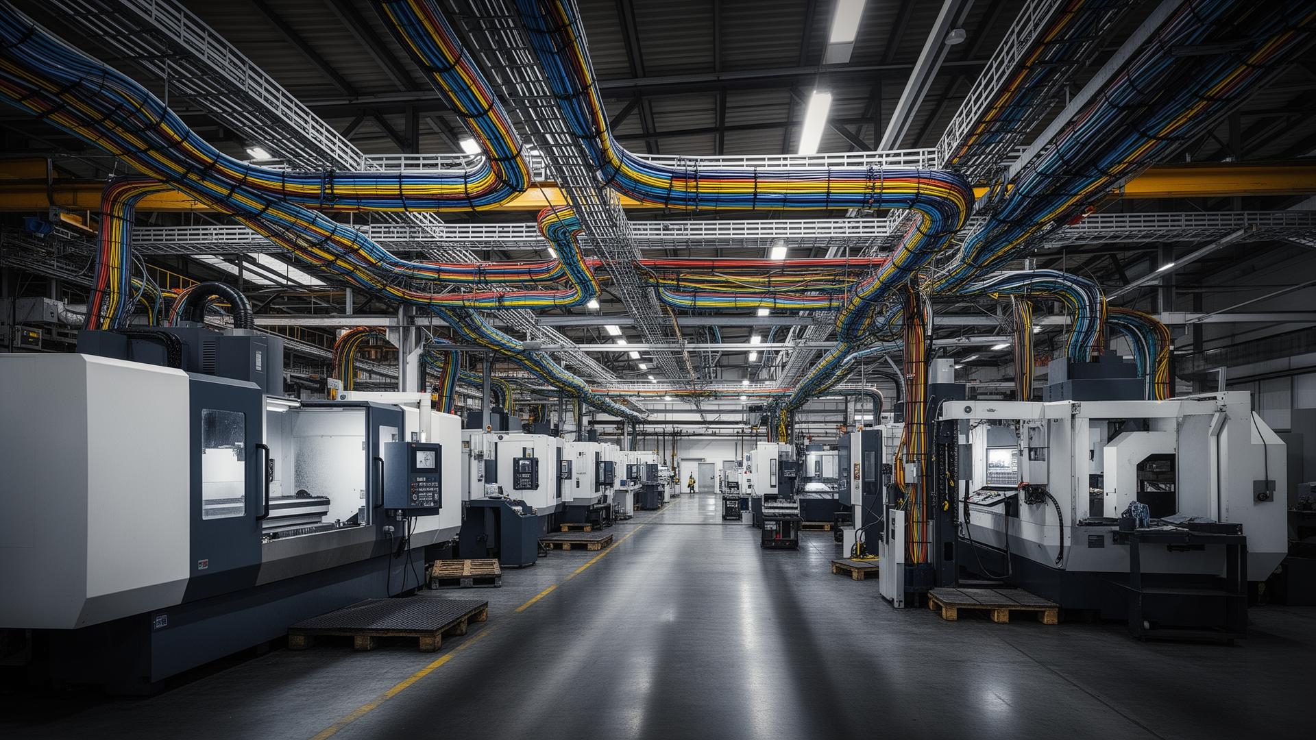 Industrial manufacturing floor with machinery and cable runs