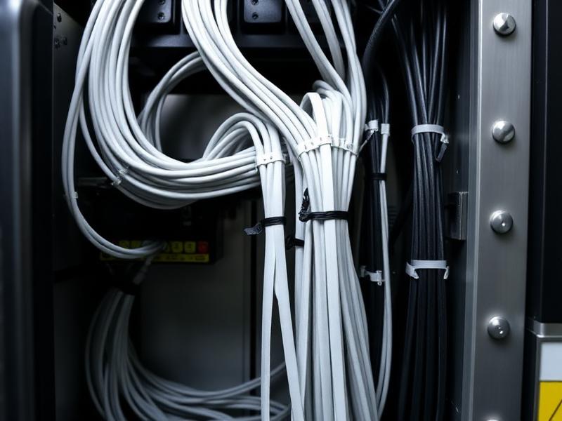 Nylon cable ties bundling machine wiring in a manufacturing facility