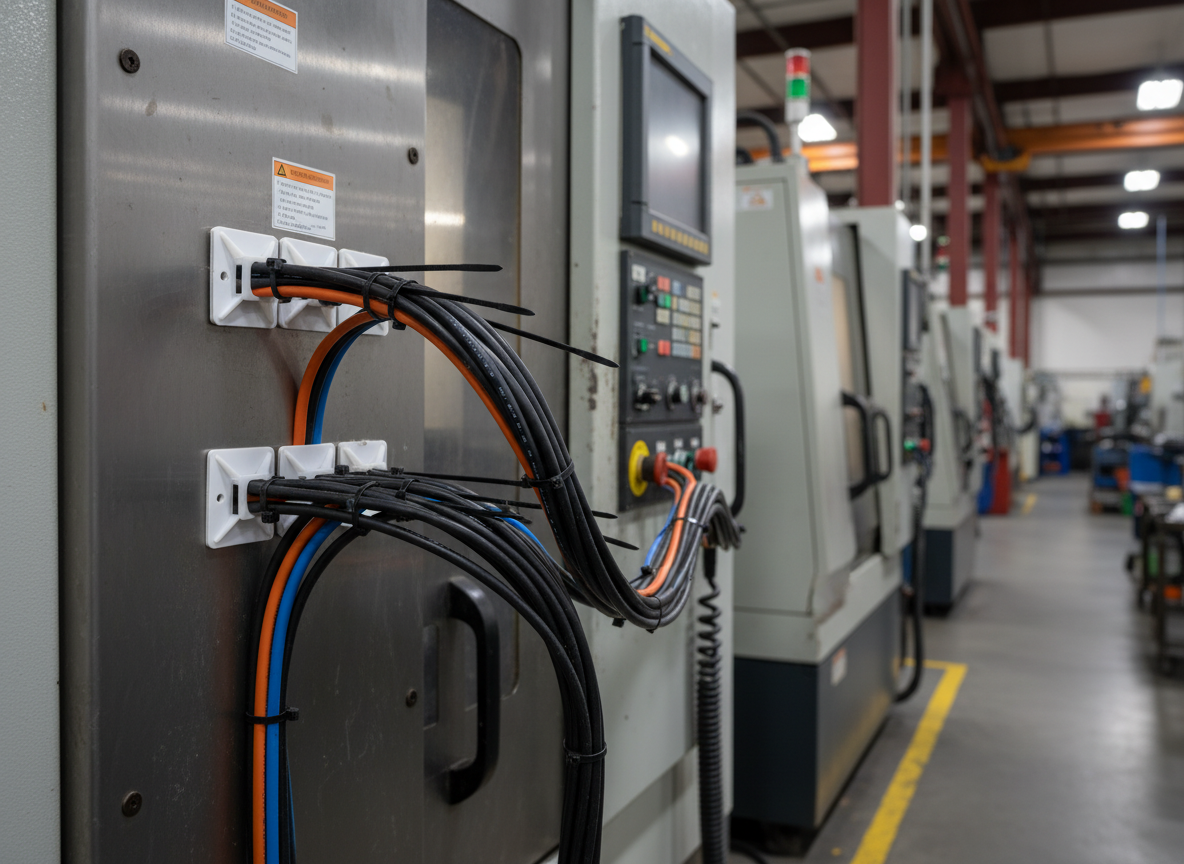 Tie mounts anchoring cable runs to machine frames