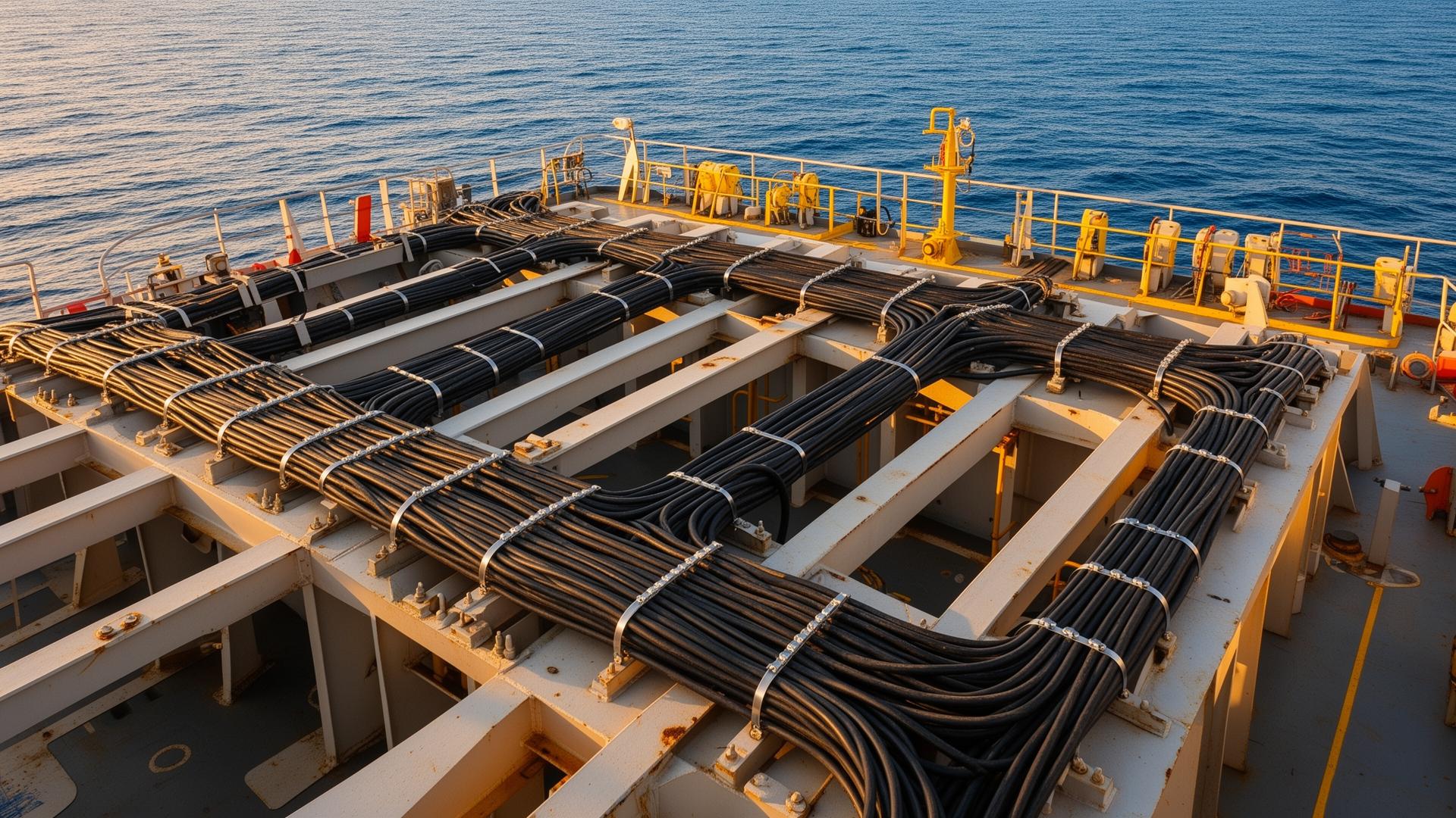Cable management on a marine vessel deck with ocean backdrop