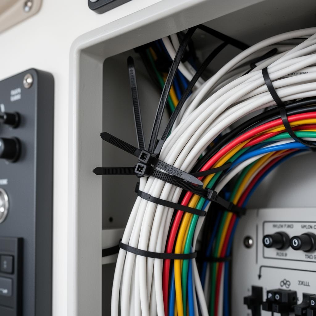 Nylon cable ties organizing wires in a marine vessel control panel