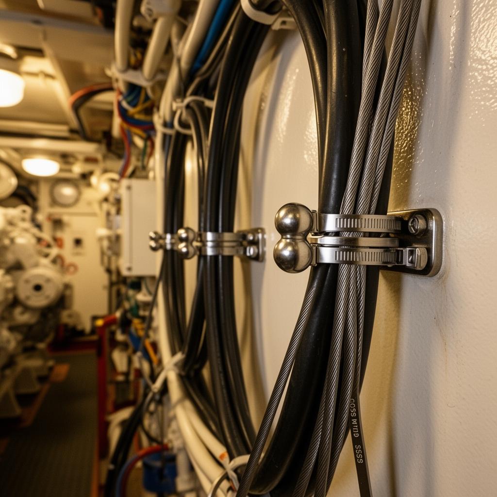 Stainless steel cable ties securing cables in a ship engine room
