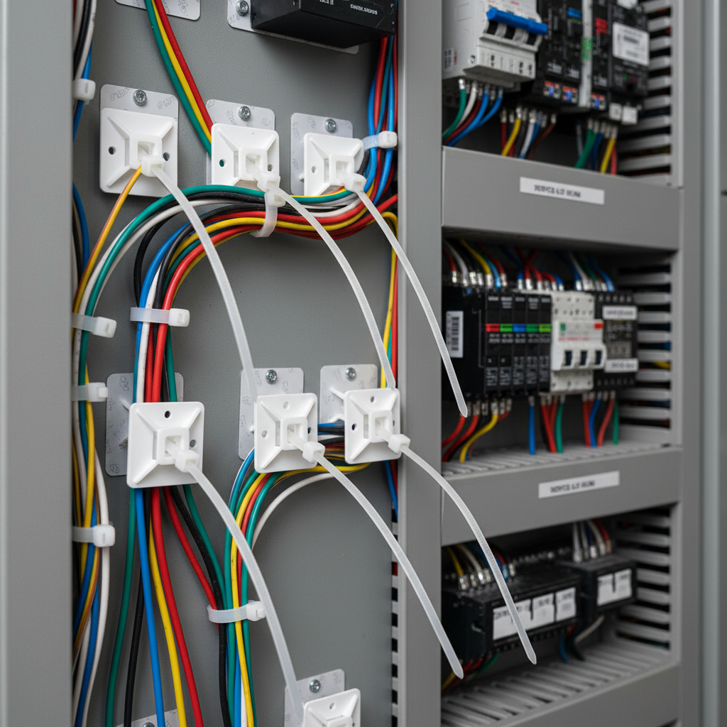 Tie mounts anchoring cable ties inside a marine vessel panel