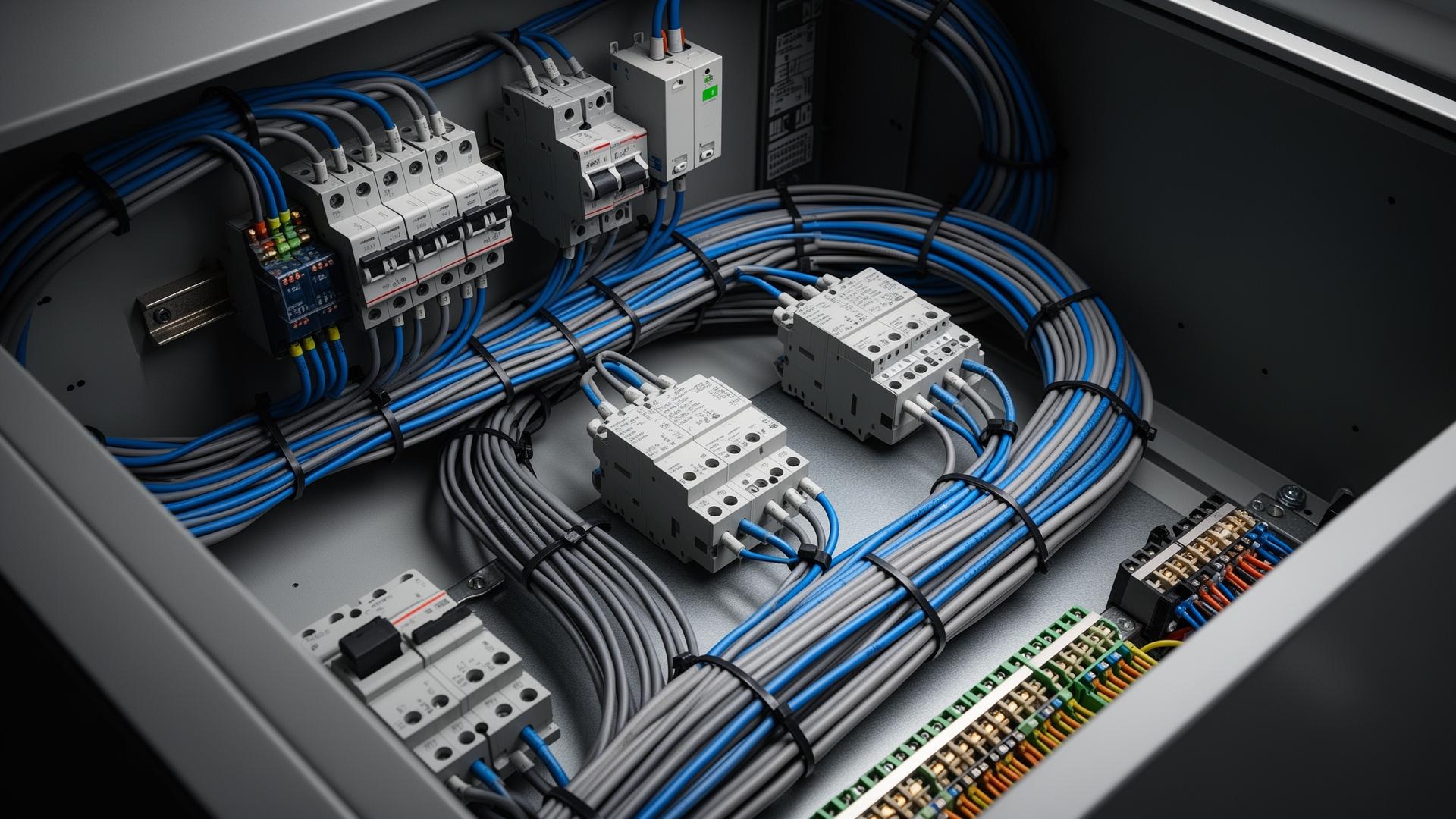 Interior of a modern electrical control panel with organized wiring