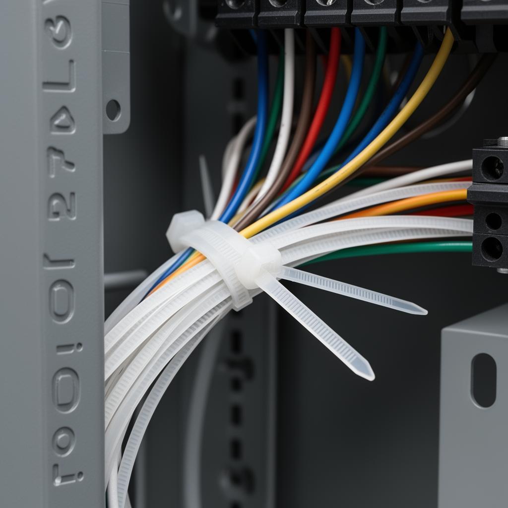Nylon cable ties organizing wires inside an electrical panel