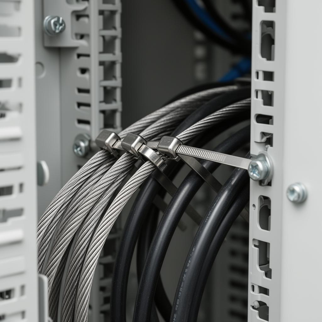 Stainless steel cable ties securing heavy cables inside a panel