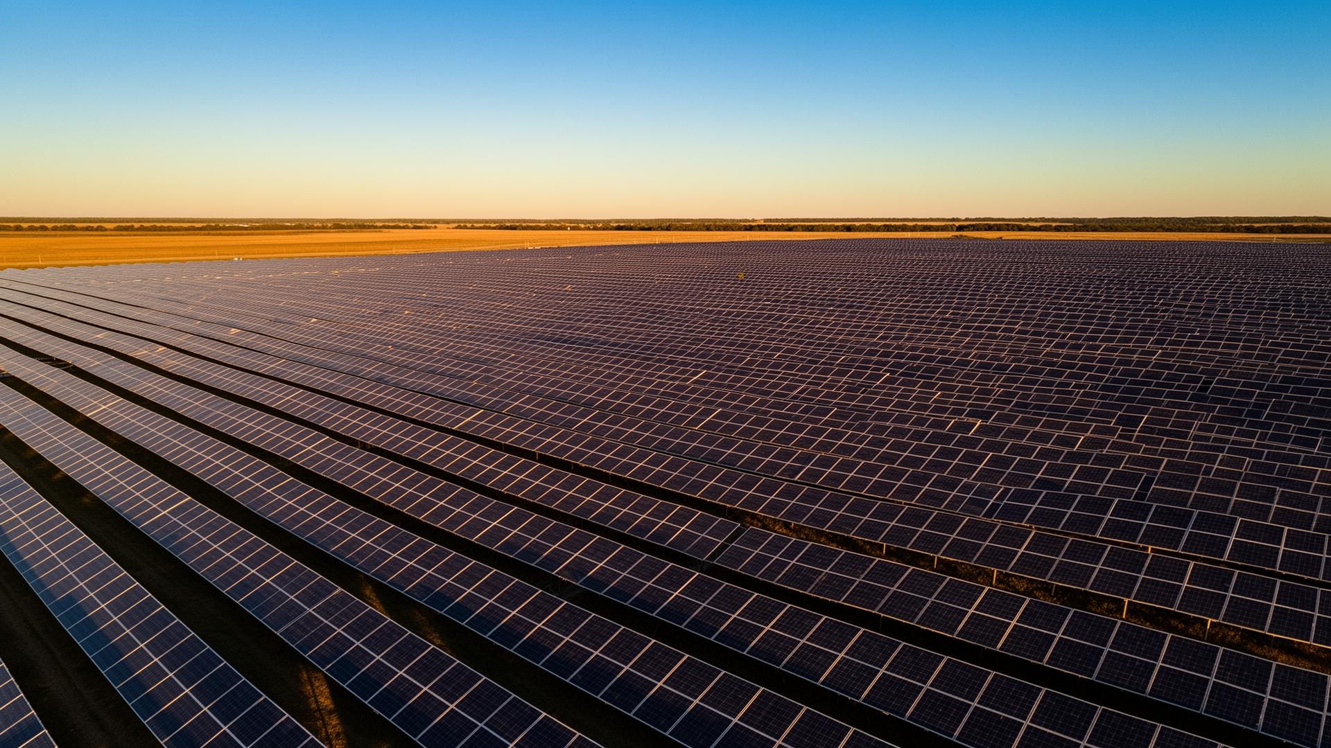 Aerial view of solar farm at golden hour