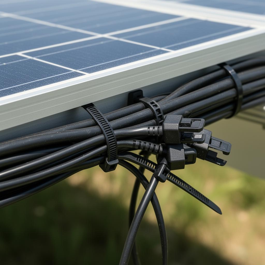 Nylon cable ties securing wires underneath solar panels
