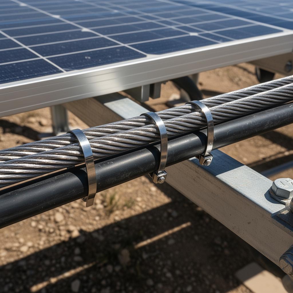 Stainless steel cable ties securing heavy cables on solar mounting structure