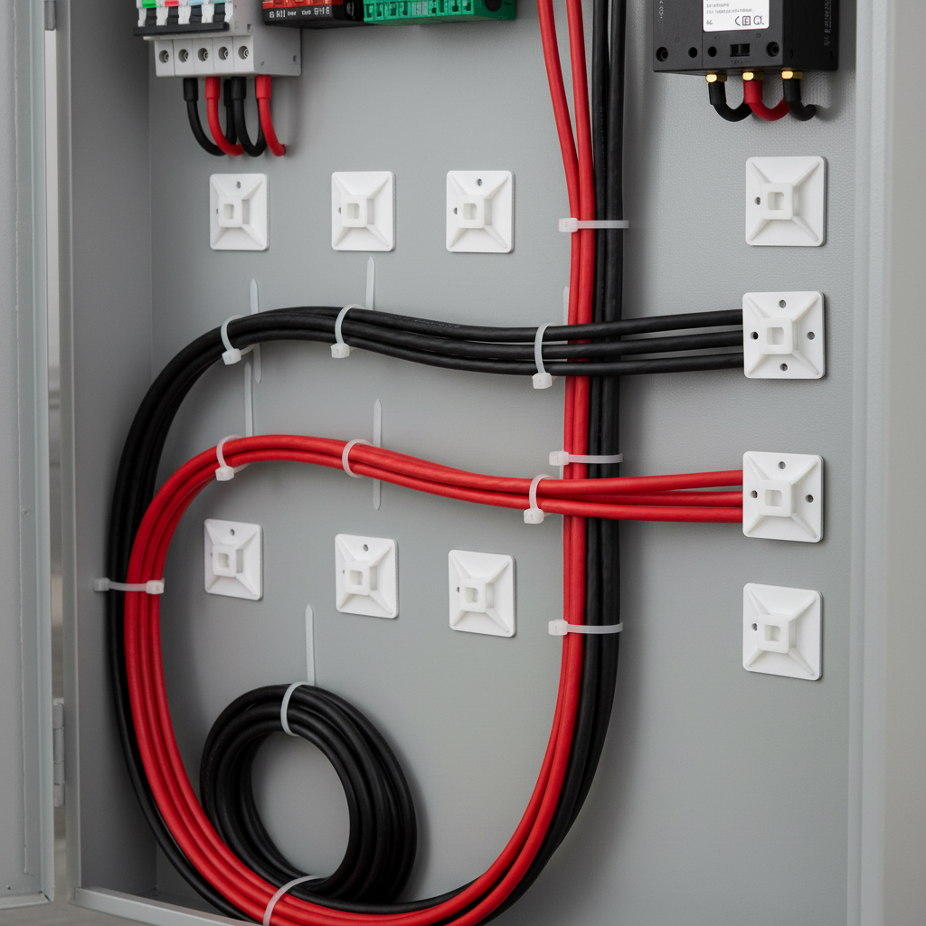 Tie mounts organizing cables inside solar inverter/combiner box